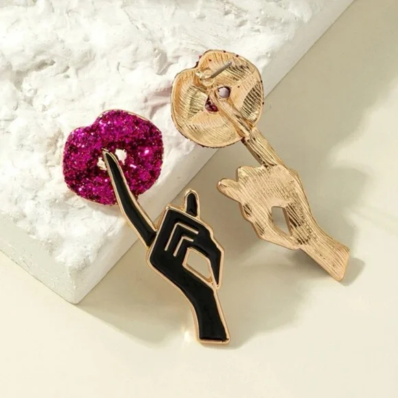 Pink Glitter Lip Shhhhh Earrings - Picture 3 of 3